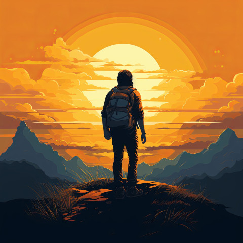 Bearded man stands on mountain with backpack in a minimalist illustration of adventure and exploration