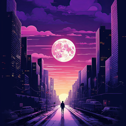 A minimalist illustration of a magical purple cityscape glowing under the moonlight with buildings reaching for the night sky