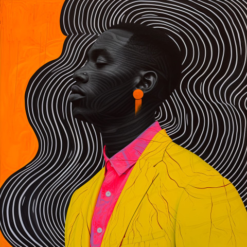 A man in a yellow business suit wearing a pink shirt and orange earrings surreal abstraction minimalism