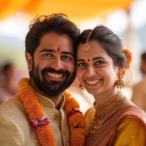 Smiling marathi indian couple in traditional clothing