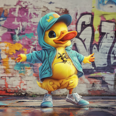 A cute little yellow duck breakdancing on the street in the style of Graffiti