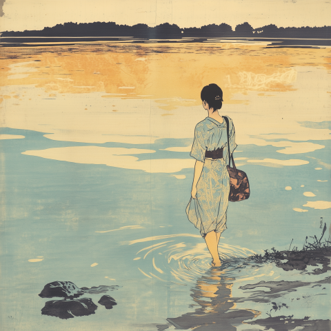 A young female walking into the lake in glorious light ukiyo-e art style