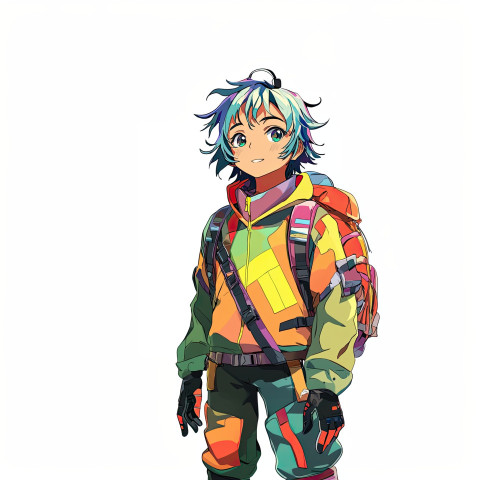 A cheerful boy illustrated as a vibrant anime character with colorful details