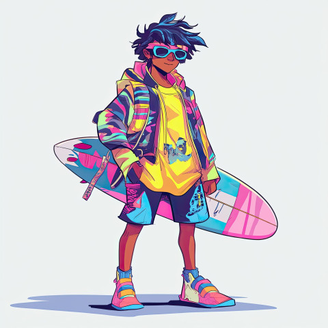 A surfer portrayed as a dynamic anime character