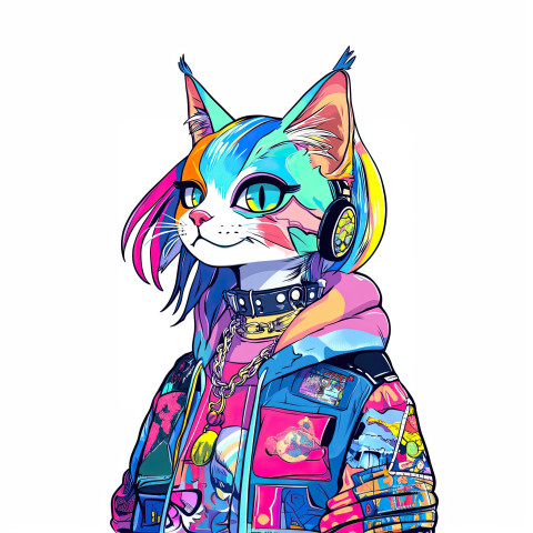 A cat designed as a colorful original anime character