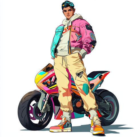 A biker designed as a colorful original anime character