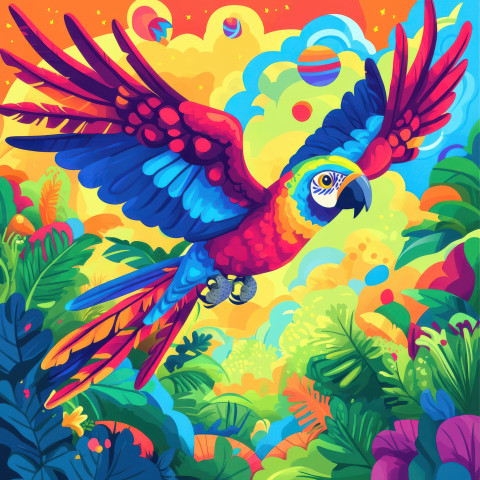 Colorful parrot flying over tropical rainforest with bold outlines