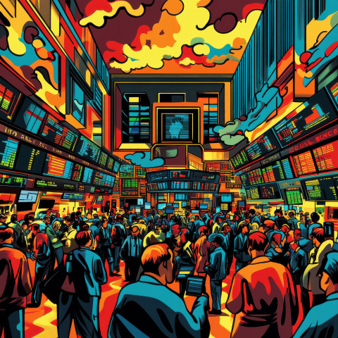 Bustling stock market floor filled with traders with bold outlines