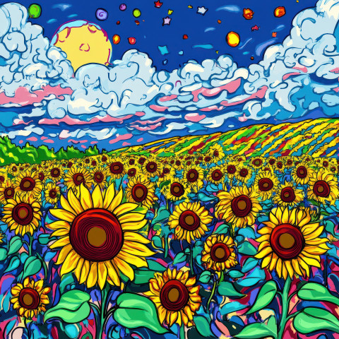 Vast field of sunflowers under a bright blue sky with bold outlines