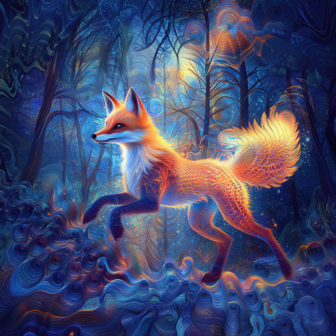 A fox darting through a misty forest at dawn