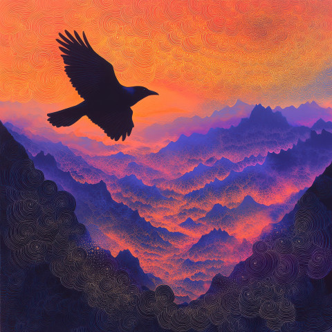 A crow soaring over a fog-covered mountain range