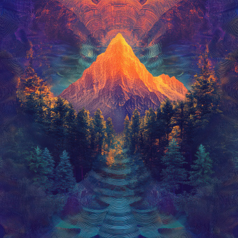 A mountain peak towering over a dense forest