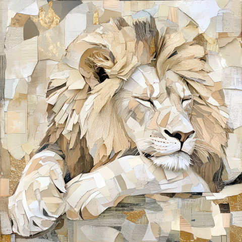 A lion resting with intricately crafted layered paper textures in a mixed media collage art style