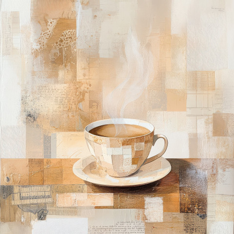 A cup of steaming coffee on a wooden table