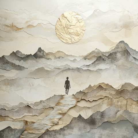 A lone traveler walking on a misty mountain trail