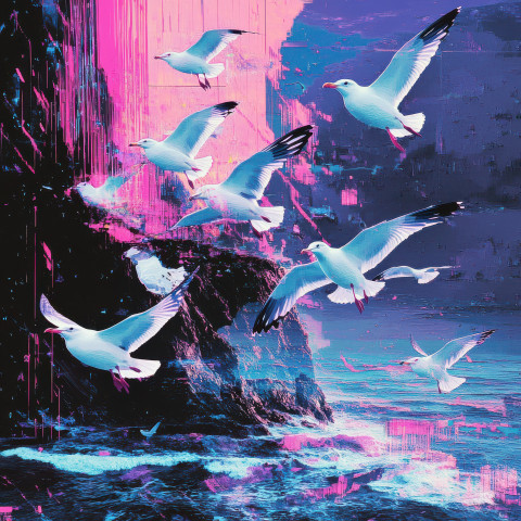 A flock of seagulls flying over a coastal cliff