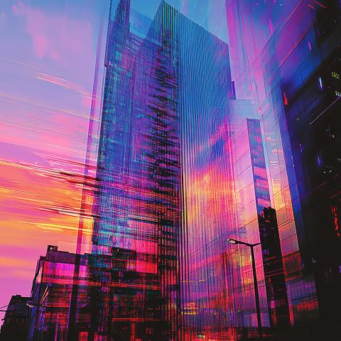 A modern skyscraper reflecting sunset colors