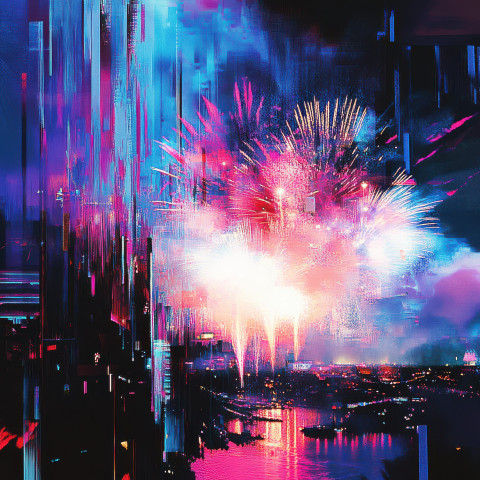 Fireworks bursting over a vibrant city festival