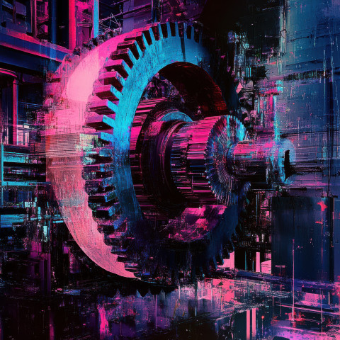 Giant gears turning in a steel factory at night