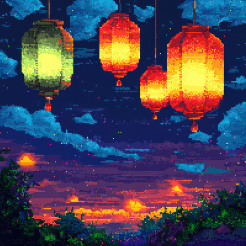 Colorful lanterns float gently in the warm evening breeze