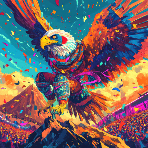 Eagle soaring over mountain peak in a vibrant lucha libre mask and cape