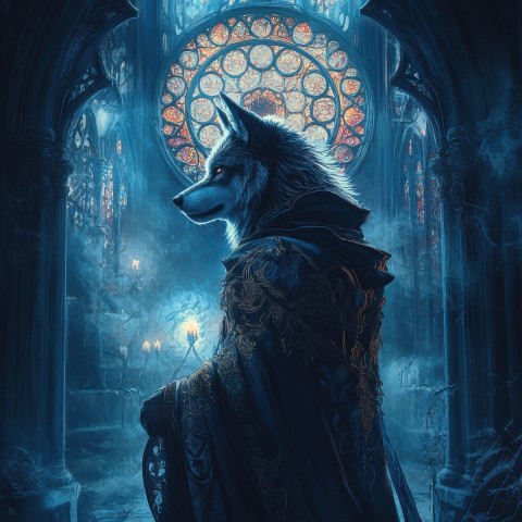 A wolf standing tall in a moonlit forest