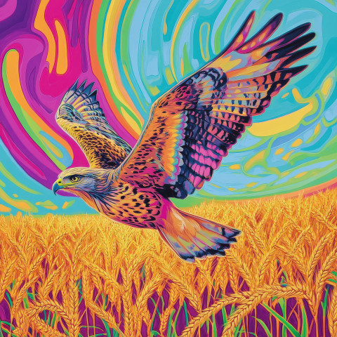 A hawk soars high above a golden wheat field scanning the land below