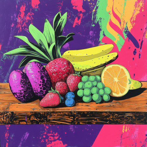 Fresh fruit sits on a rustic wooden breakfast table bursting with color and ripeness