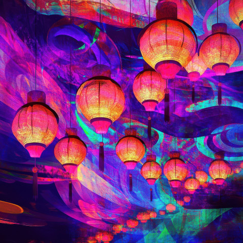 Lanterns float across the night sky during a festival glowing softly against the darkness