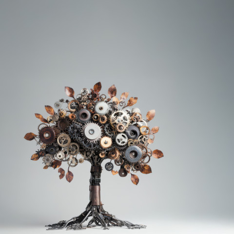 A metal tree with gears as leaves