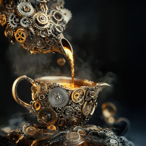 A teapot pouring molten gold into a gear cup