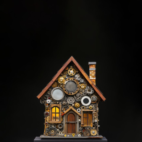 A house crafted from clock gears