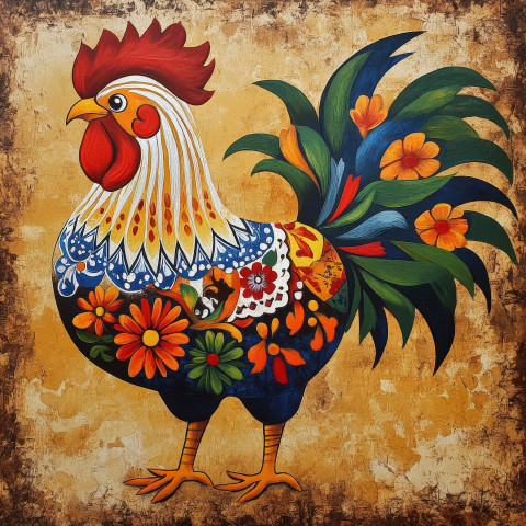 A colorful rooster featuring intricate folk designs and vibrant hues