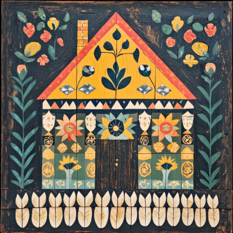 A hand painted wooden cottage adorned with charming folk art patterns