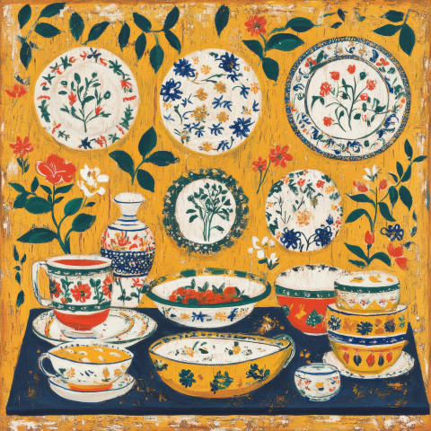 A folk style feast with painted dishes and vibrant folk art patterns