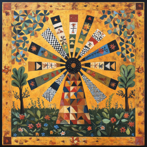 A windmill with folk inspired patterns and colorful folk art motifs