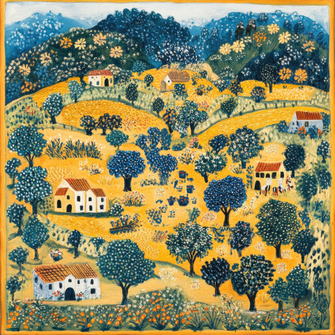 A rolling countryside with vibrant folk motifs on rolling hills