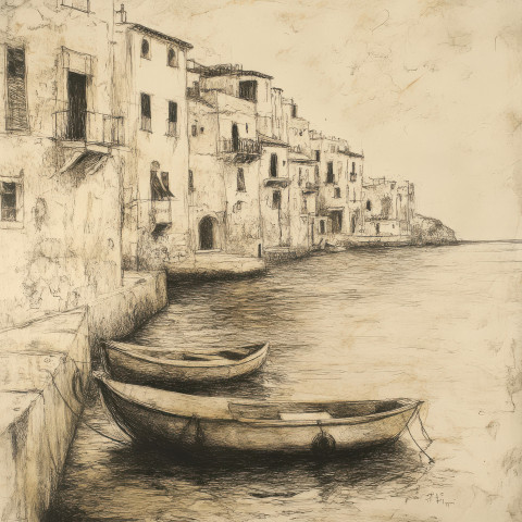 Seaside village with hand painted boats in the fayum portrait style