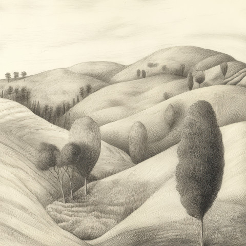 Rolling hills with stylized folk trees