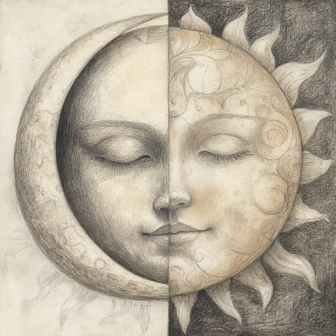 Folk sun and moon with celestial designs