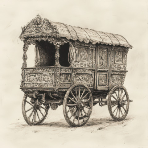 Wagon with intricate folk carvings in the fayum portrait style