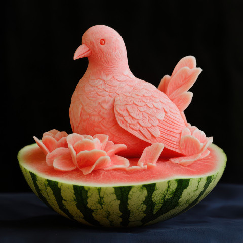 The dove is carved from a watermelon representing peace and harmony detailed with natural textures