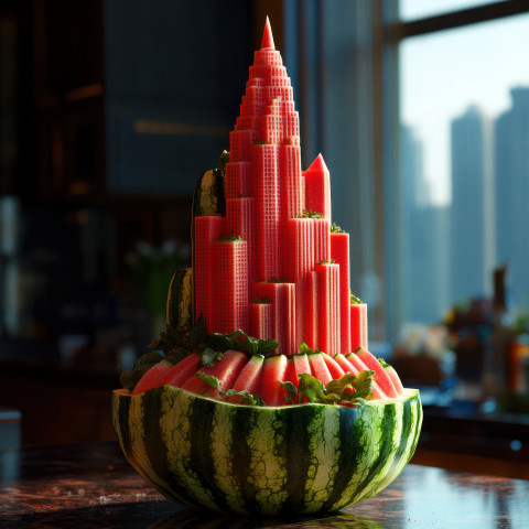 A futuristic skyscraper is carved from a watermelon featuring sleek lines and modern design