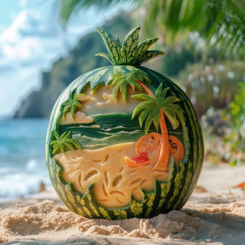 A beach is carved from a watermelon with sand and waves carefully sculpted