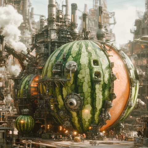 A colossal mech factory with steam vents carved from a watermelon blending industrial power with organic art