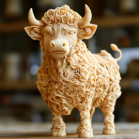 The stock market bull is carved from noodles representing strength and growth in the financial world