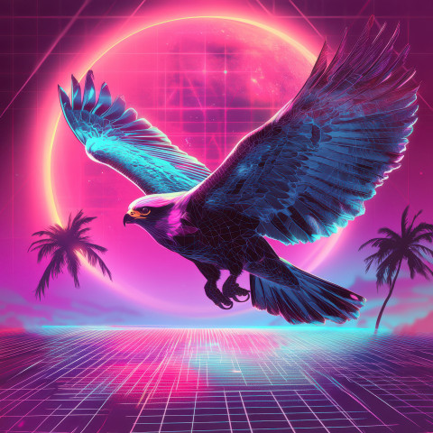 A glowing falcon soaring high above a grid horizon with neon lights