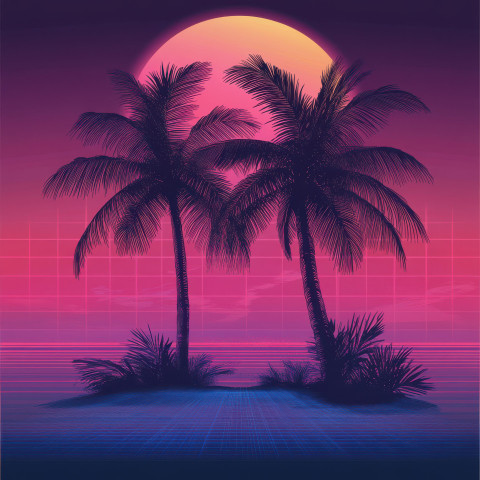 Palm trees silhouetted against a pink sunset with soft glowing outlines