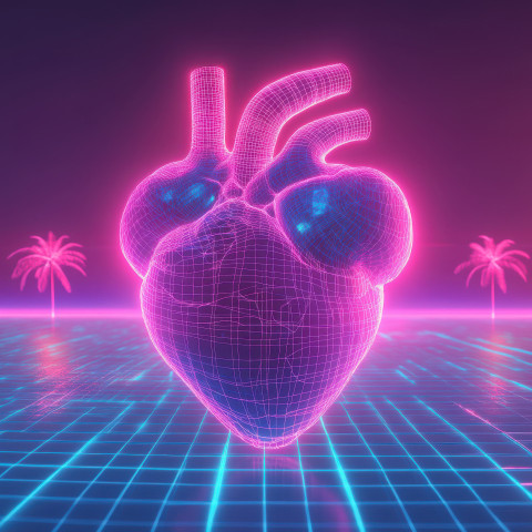 A wireframe heart beating with neon pulses floating above a glowing background