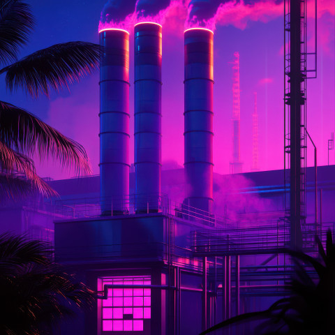 A factory with smokestacks glowing in purple hues surrounded by futuristic neon lights and a mysterious atmosphere